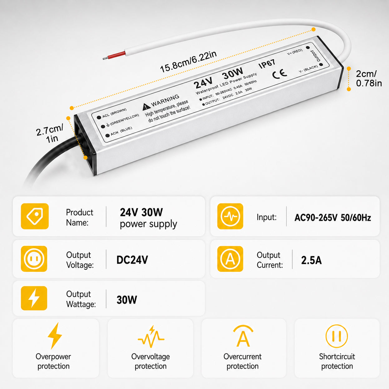 30W 12V/24V Waterproof LED Power Supply, 90-265V Input, Single Output, Aluminum Housing, Outdoor LED Lighting Driver, CE/RoHS/FCC Certified, US/UK/EU Plug