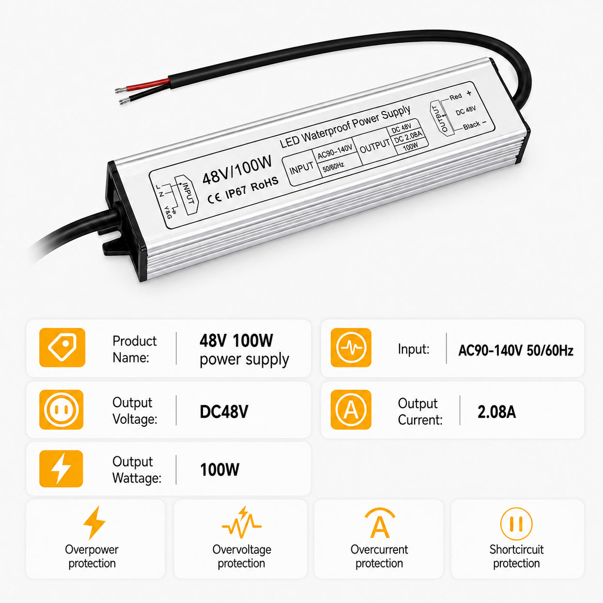 100W 36V/48V Waterproof LED Power Supply, 90-140V Input, Single Output, Aluminum Housing, Outdoor LED Lighting Driver, CE/RoHS/FCC Certified, US Plug