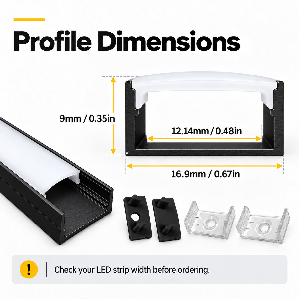 Black U02 9x17mm U-Shape LED Aluminum Channel, 12mm Inner Width, with Cover, End Caps & Mounting Clips