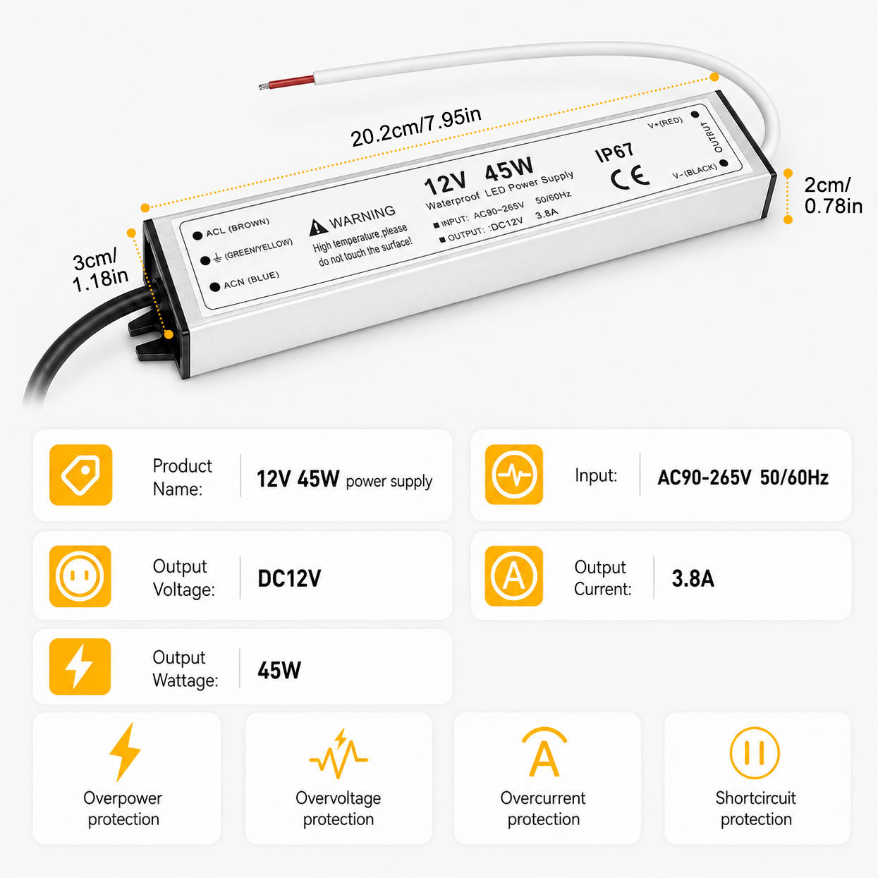 45W 12V Waterproof LED Power Supply, 90-265V Input, Single Output, Aluminum Housing, Outdoor LED Lighting Driver, CE/RoHS/FCC Certified, US/UK/EU Plug