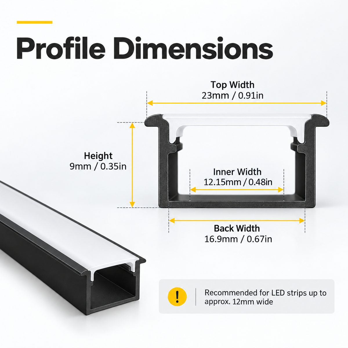 Black U01 9×23mm U-Shape LED Aluminum Channel, 12mm Inner Width, with Cover, End Caps & Mounting Clips