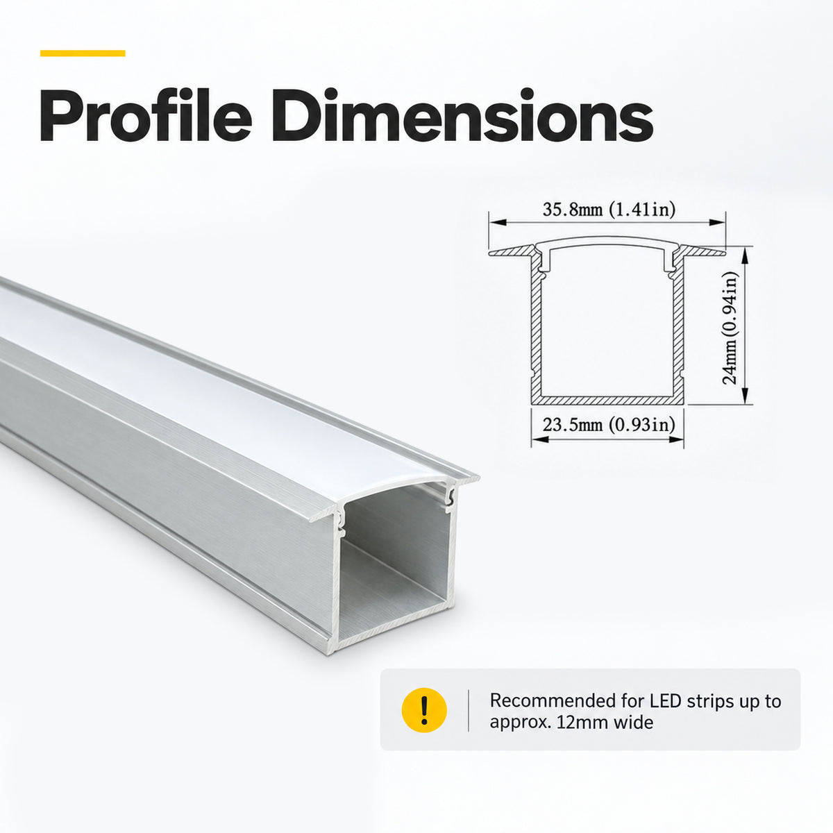 Silber U05 36 x 24 mm U-Form Innenbreite 20 mm LED-Aluminium-Kanalsystem mit Abdeckung, Endkappen und Befestigungsklammern Aluminiumprofil für LED-Lichtstreifen ohne Punktinstallationen