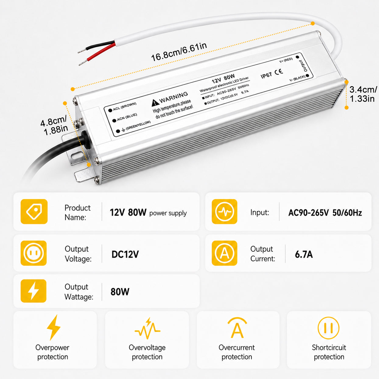 80W 12V/24V/36V/48V Waterproof LED Power Supply, 90-265V Input, Single Output, Aluminum Housing, Outdoor LED Lighting Driver, CE/RoHS/FCC Certified, US/UK/EU Plug
