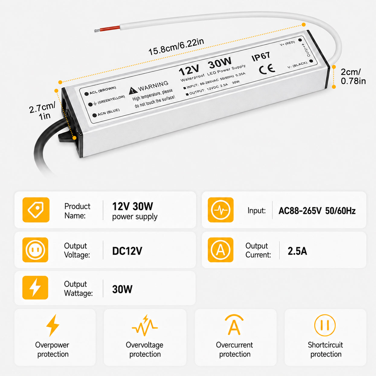 30W 12V/24V Waterproof LED Power Supply, 90-265V Input, Single Output, Aluminum Housing, Outdoor LED Lighting Driver, CE/RoHS/FCC Certified, US/UK/EU Plug