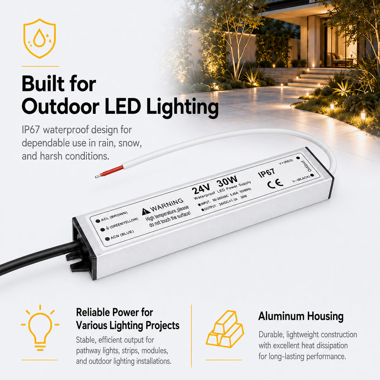 30W 12V/24V Waterproof LED Power Supply, 90-265V Input, Single Output, Aluminum Housing, Outdoor LED Lighting Driver, CE/RoHS/FCC Certified, US/UK/EU Plug