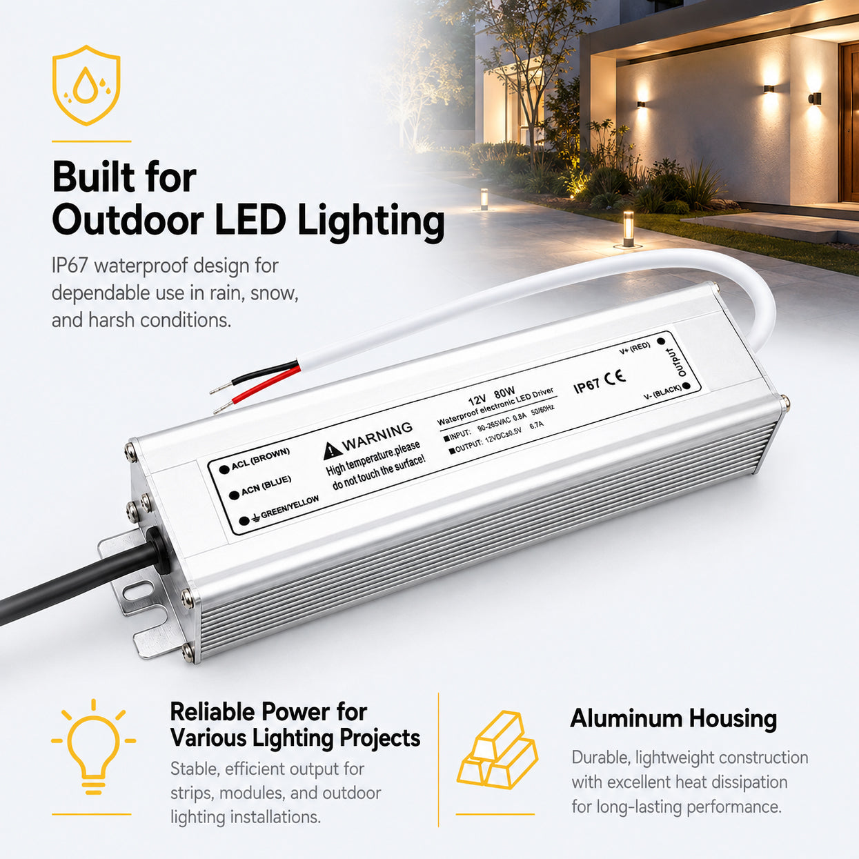 80W 12V/24V/36V/48V Waterproof LED Power Supply, 90-265V Input, Single Output, Aluminum Housing, Outdoor LED Lighting Driver, CE/RoHS/FCC Certified, US/UK/EU Plug
