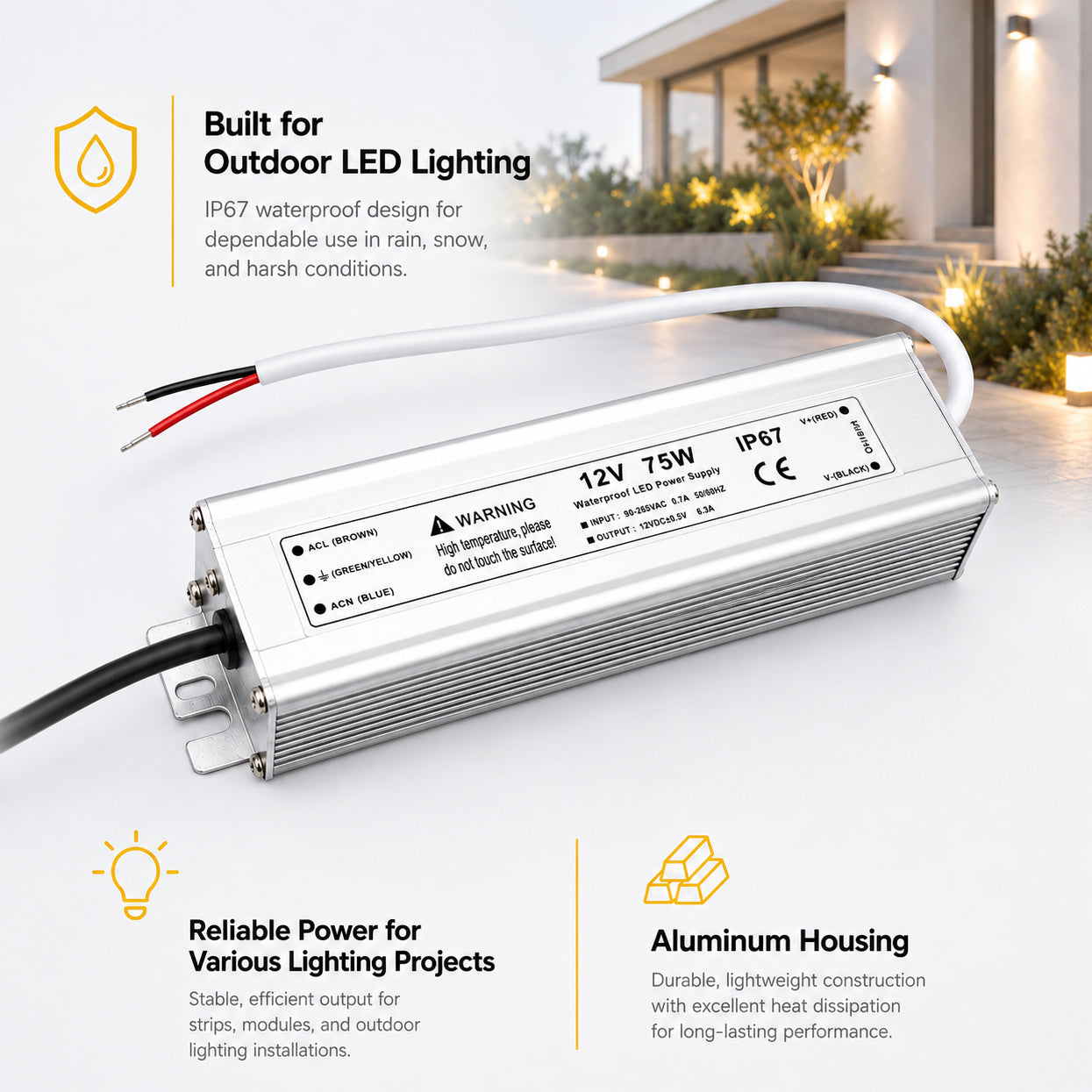 75W 12V Waterproof LED Power Supply, 90-265V Input, Single Output, Aluminum Housing, Outdoor LED Lighting Driver, CE/RoHS/FCC Certified, US/UK/EU Plug