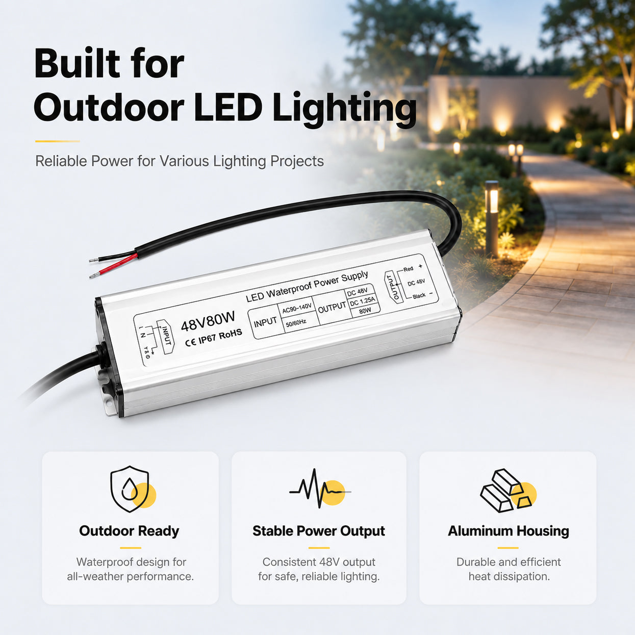 80W 12V/24V/36V/48V Waterproof LED Power Supply, 90-265V Input, Single Output, Aluminum Housing, Outdoor LED Lighting Driver, CE/RoHS/FCC Certified, US/UK/EU Plug