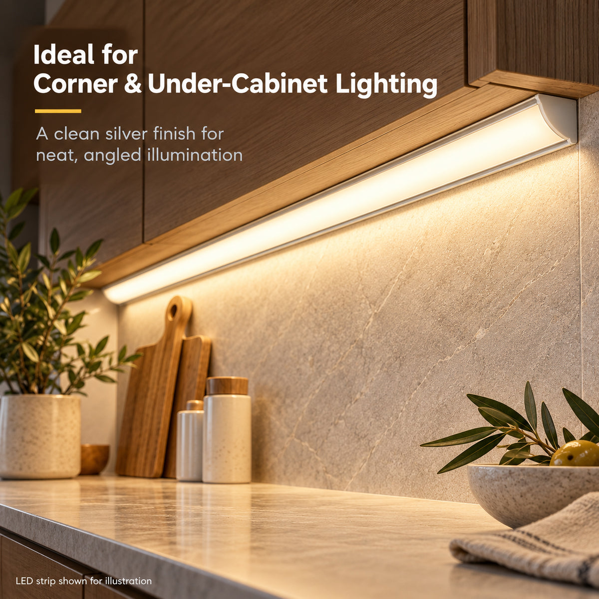Silver V03 18x18mm V-Shape Corner-Mount LED Aluminum Channel, 12mm Inner Width, with Cover, End Caps & Mounting Clips