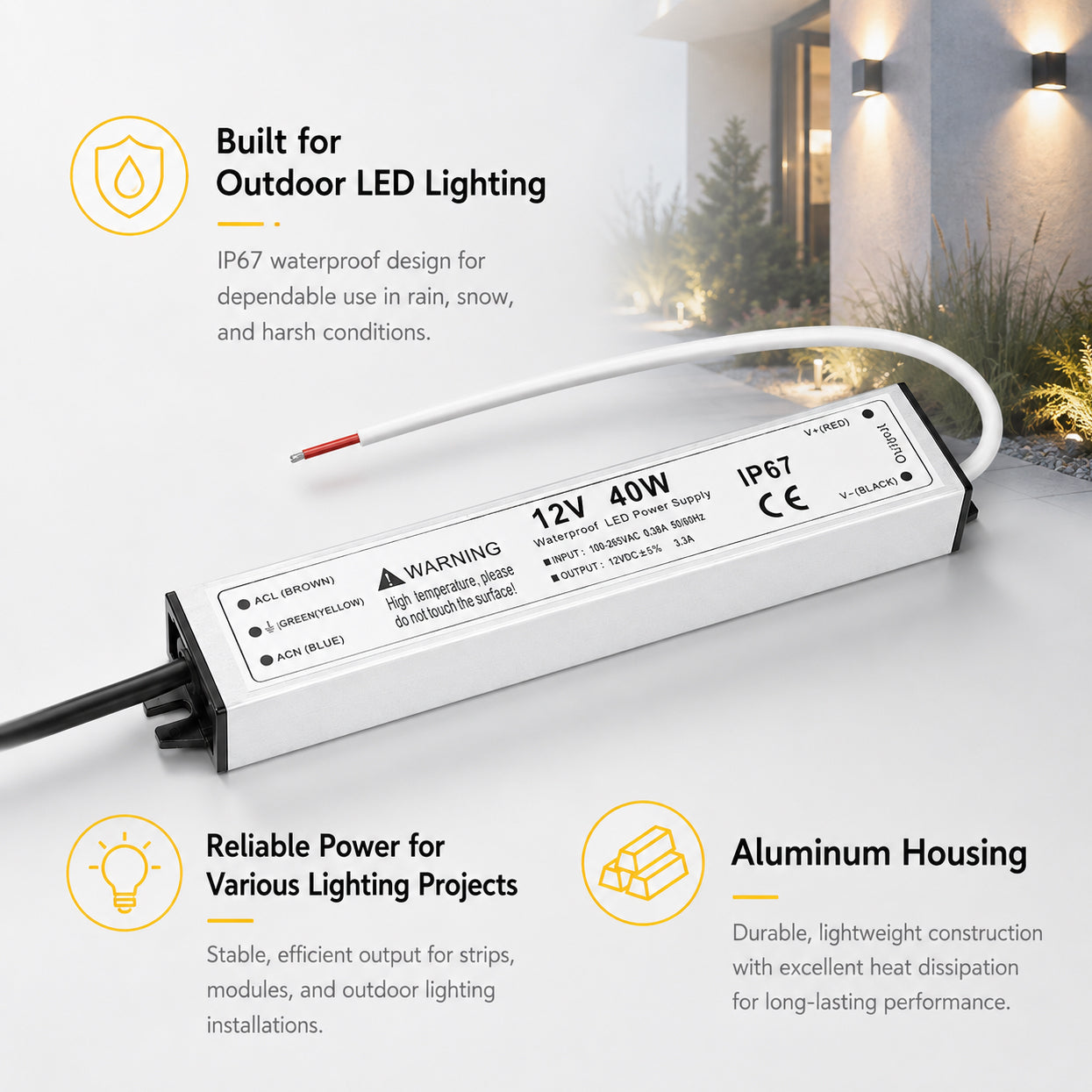 40W 12V/24V Waterproof LED Power Supply, 90-265V Input, Single Output, Aluminum Housing, Outdoor LED Lighting Driver, CE/RoHS/FCC Certified, US/UK/EU Plug