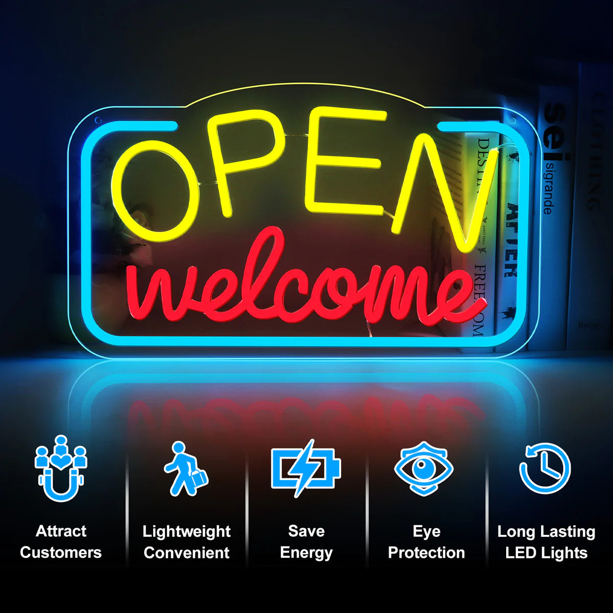 OPEN Welcome Neon Sign – 2 Color Options | USB Powered | 17×10 inch (43×25 cm) | LED Light for Storefront Window