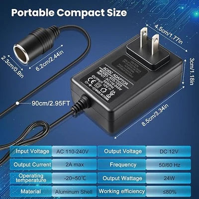 DC 12V Cigarette Lighter Plug-in LED Adapter 24W, AC 100–240V to 12V Converter Transformer - US Plug for Car Accessories, Portable Devices and LED Lighting