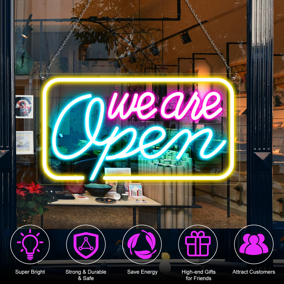 We Are Open Neon Sign – 5 Glow Color Options | 24×12.5 inch (60×32 cm) | Window Hanging | Plug & Play for Storefronts