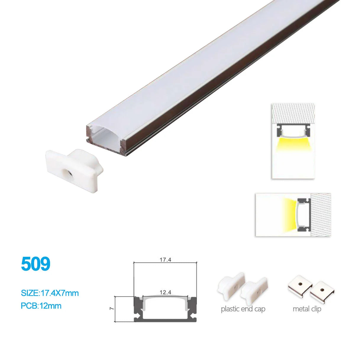 Silver 509-B 17.4 × 7mm Wall-Mount LED Aluminum Channel, 12mm Inner Width, with Milky White Cover & Installation Accessories