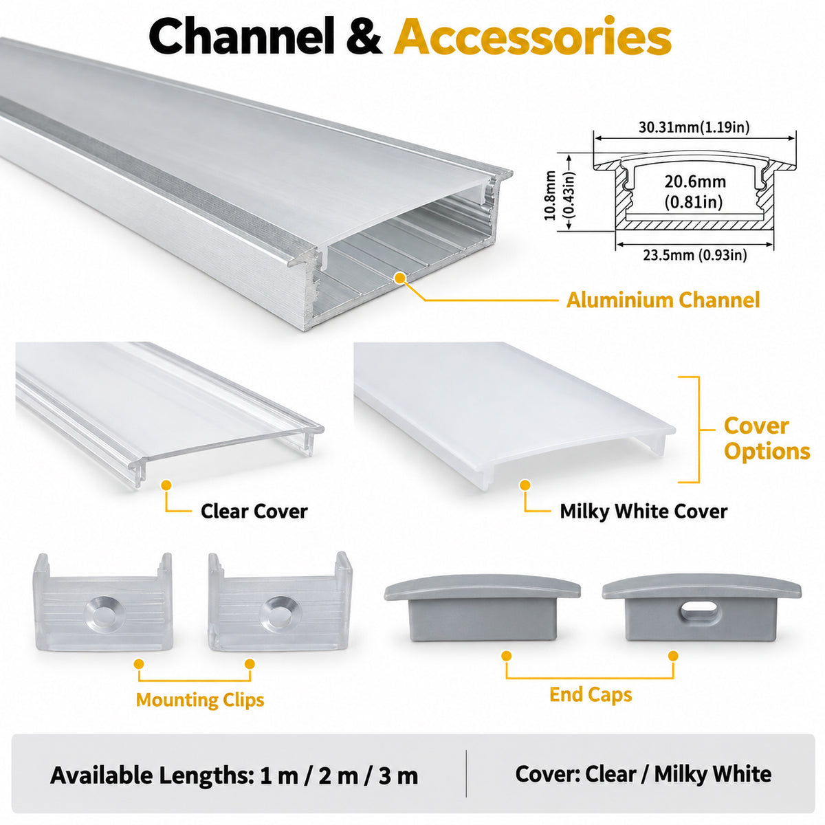 Silver U03 10x30mm U-Shape LED Aluminum Channel, 20mm Inner Width, with Cover, End Caps & Mounting Clips