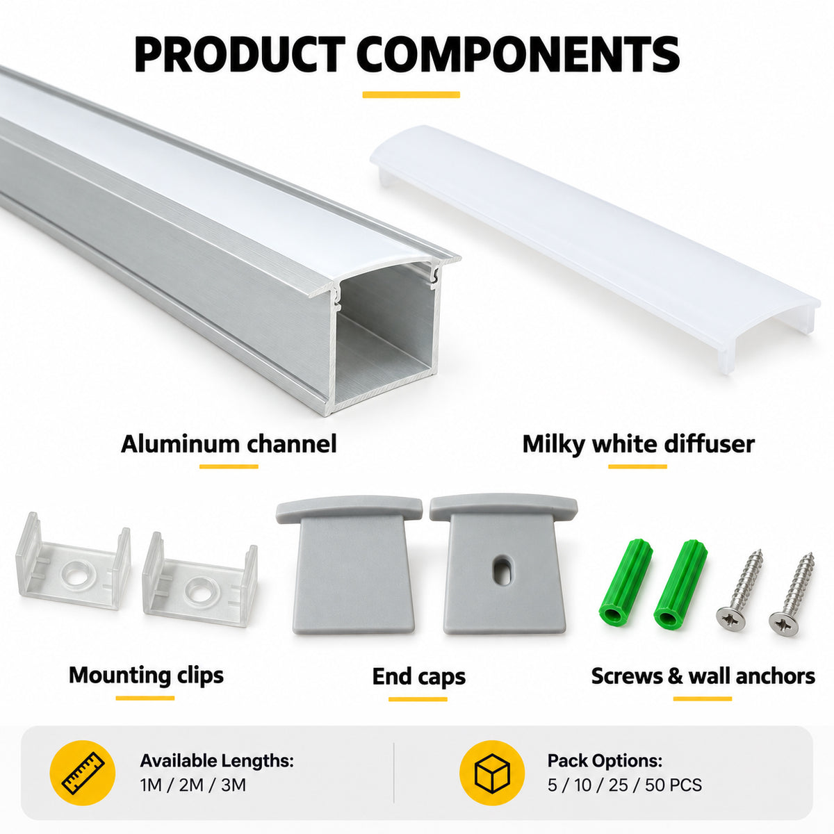 Silber U05 36 x 24 mm U-Form Innenbreite 20 mm LED-Aluminium-Kanalsystem mit Abdeckung, Endkappen und Befestigungsklammern Aluminiumprofil für LED-Lichtstreifen ohne Punktinstallationen