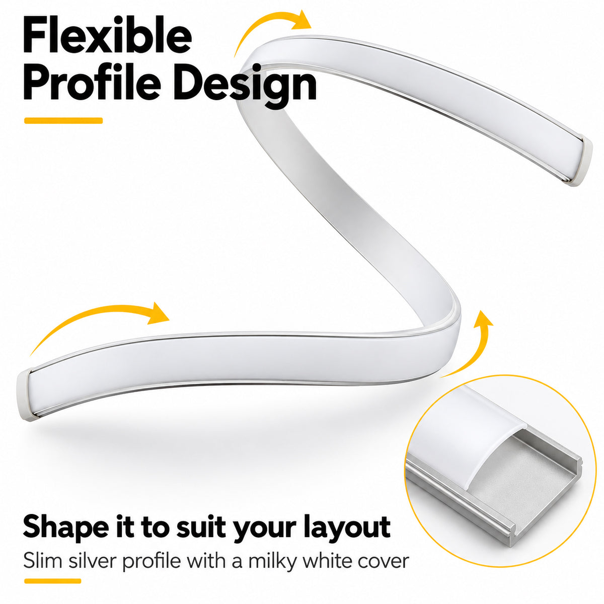 Silver U08 18x6mm Bendable U-Shape LED Aluminum Channel for LED Strips up to 12mm, with Milky White Diffuser Cover, End Caps & Mounting Clips