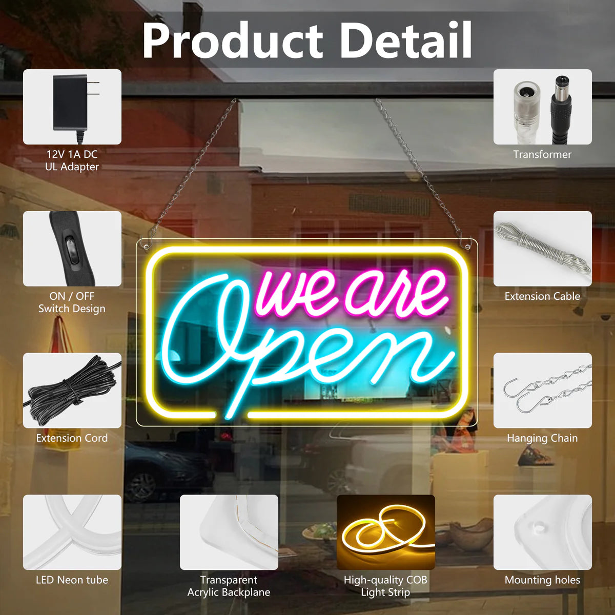 We Are Open Neon Sign – 5 Glow Color Options | 24×12.5 inch (60×32 cm) | Window Hanging | Plug & Play for Storefronts