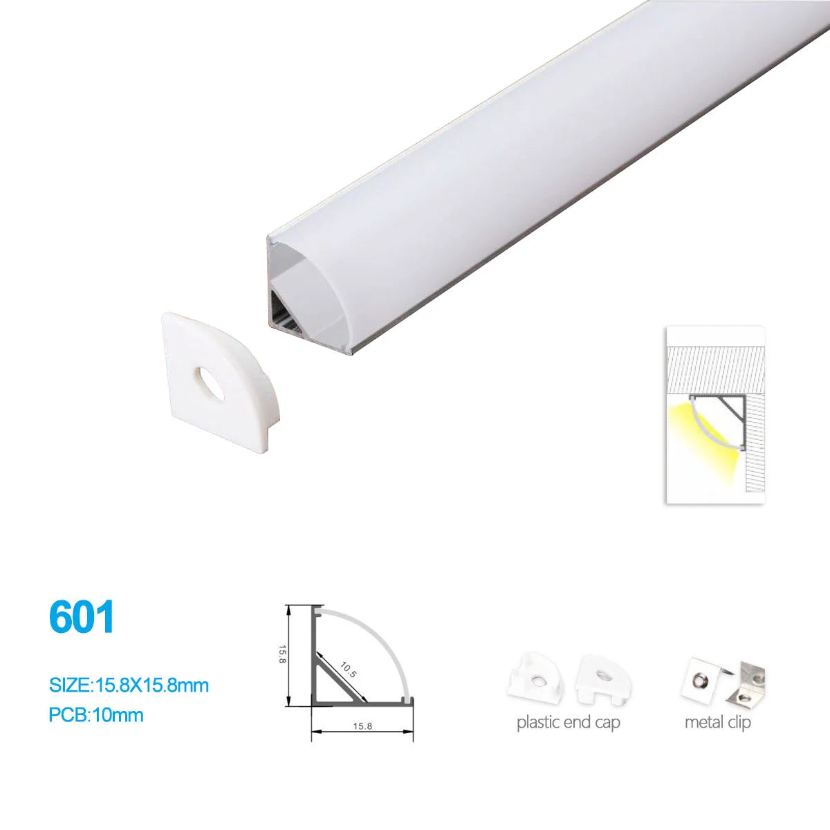 Silver 601-B 15.8 × 15.8mm Mini V-Shape LED Aluminum Channel, 10mm Inner Width, with Milky White Cover & Installation Accessories