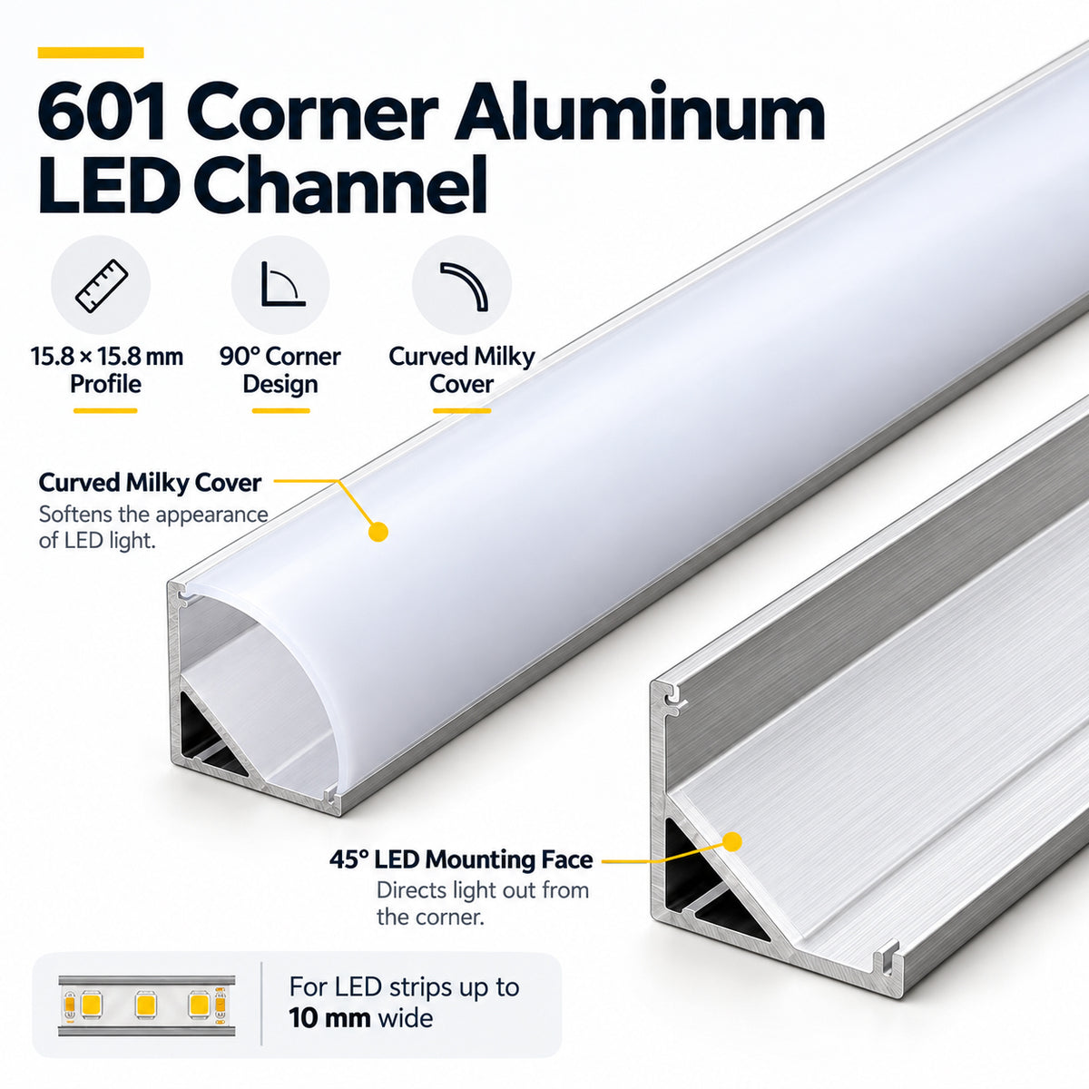 Silver 601-B 15.8 × 15.8mm Mini V-Shape LED Aluminum Channel, 10mm Inner Width, with Milky White Cover & Installation Accessories