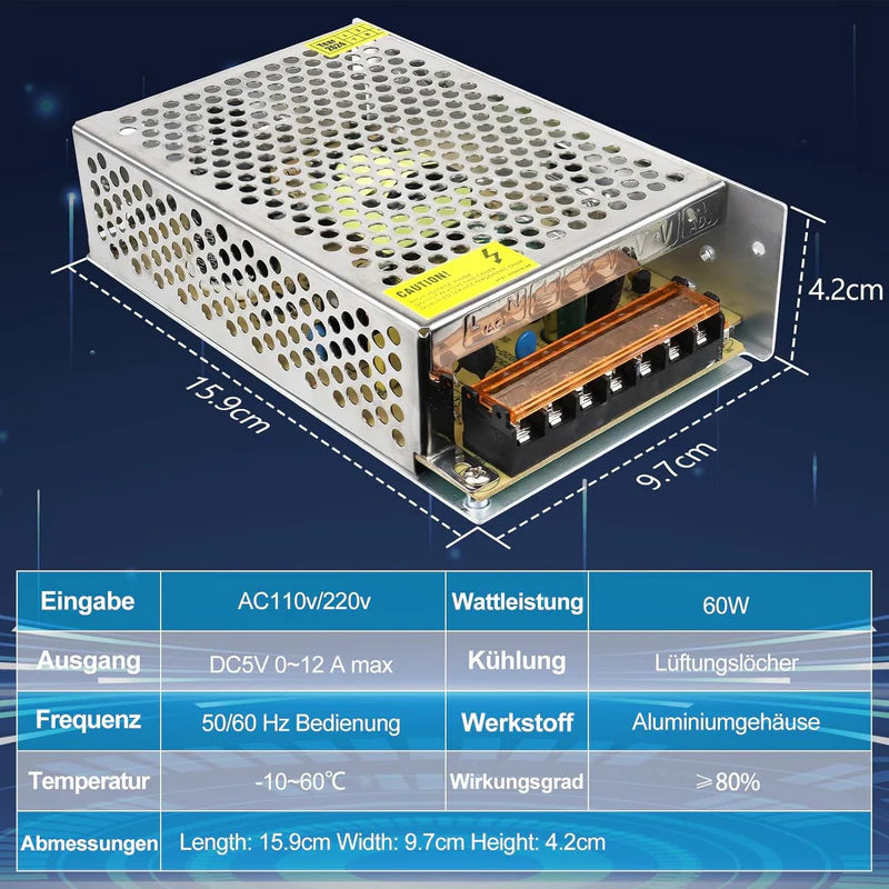 DC 5V 10W–300W Switching Power Supply, AC 110/220V Input, LED Strip Driver Transformer, Industrial Metal Case with Terminals, CE/FCC/RoHS Certified (300W with Cooling Fan)