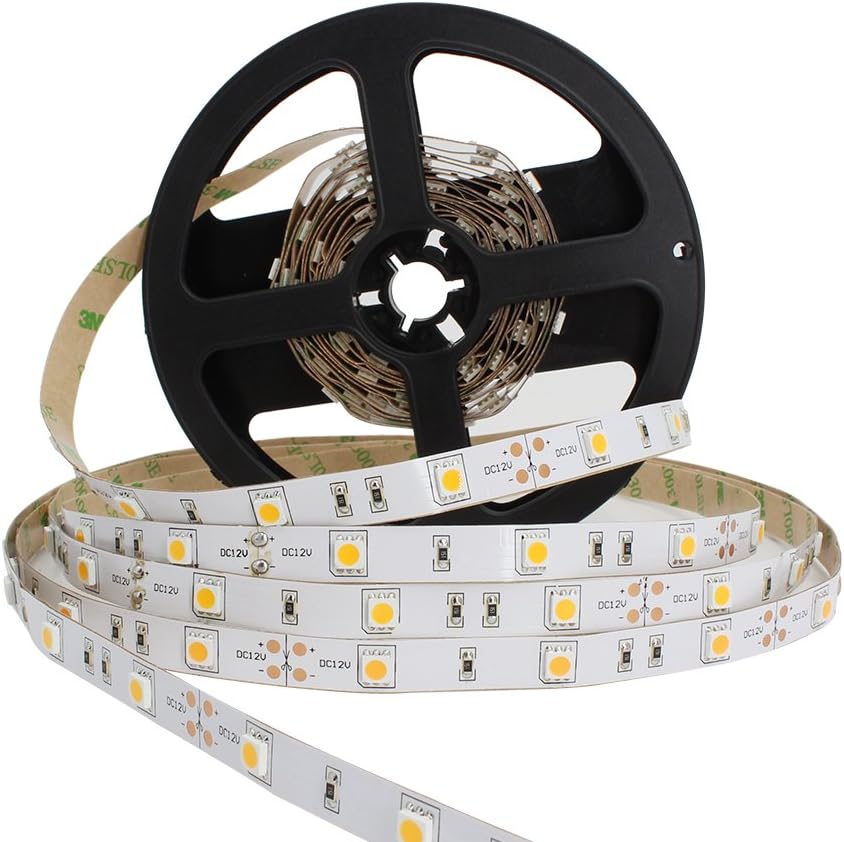 LightingWill LED Strip Lights CRI90 SMD5050 150LEDs 16.4Ft/5M Ultra Warm White 2700K-3000K DC12V 36W 30LEDs/M 7.2W/M 10mm White PCB Flexible Ribbon Strip with Adhesive Tape Non-Waterproof H5050UWW150N