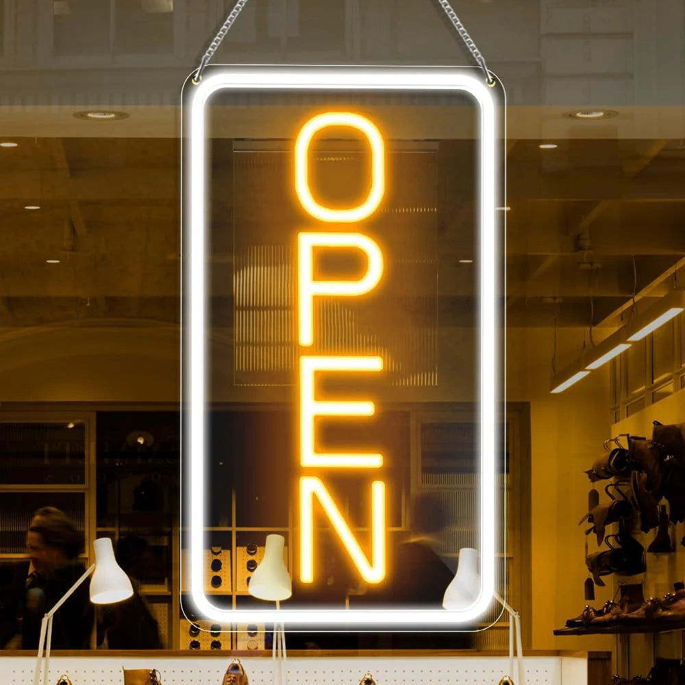 OPEN Neon LED Sign – 5 Glow Color Options | Vertical Rectangular | 16×9 / 23×12 inch | Window Hanging | Plug & Play for Storefronts