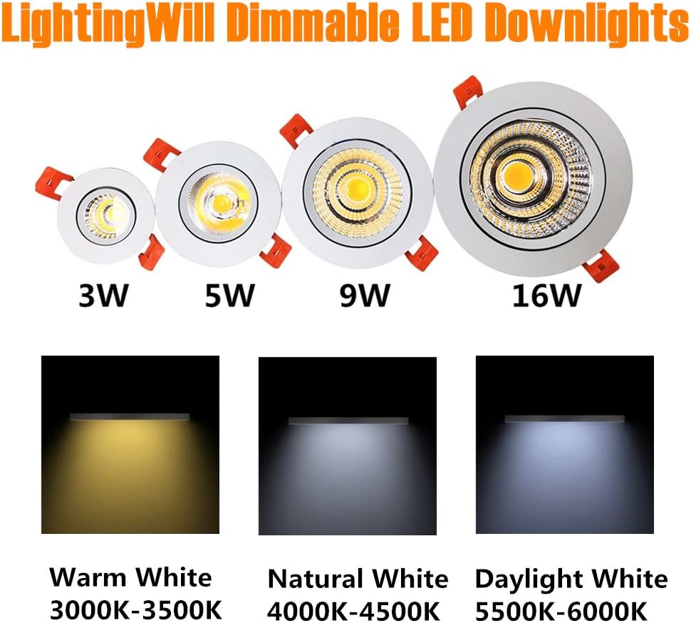 LightingWill 2.5inch LED Dimmable Downlight, 5W COB Recessed Ceiling Light, Natural White 4000K-4500K, CRI>80, 50W 396LM Halogen Bulbs Equivalent, White (1 Pack)