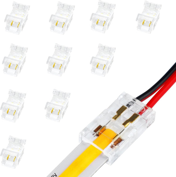 LightingWill LED Connectors 2Pin 8mm, 10 PCS Strip to Wire Connector Transparent Solderless, LED Tape Light Connector 2 Conductor No Dark Area for COB/SMD 2835 3528 Single Color LED Strips