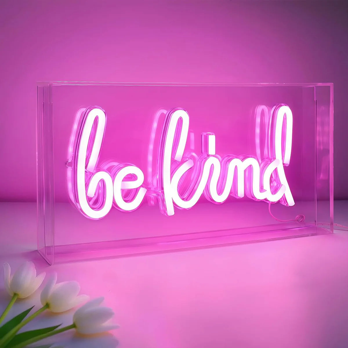 BE KIND Desk Lightbox Sign – Warm White/ Pink | Rectangular 12x6 inch | USB Powered | Tabletop Display | For Girls' Room, Bedroom, Pub, Hotel, Beach, Cock