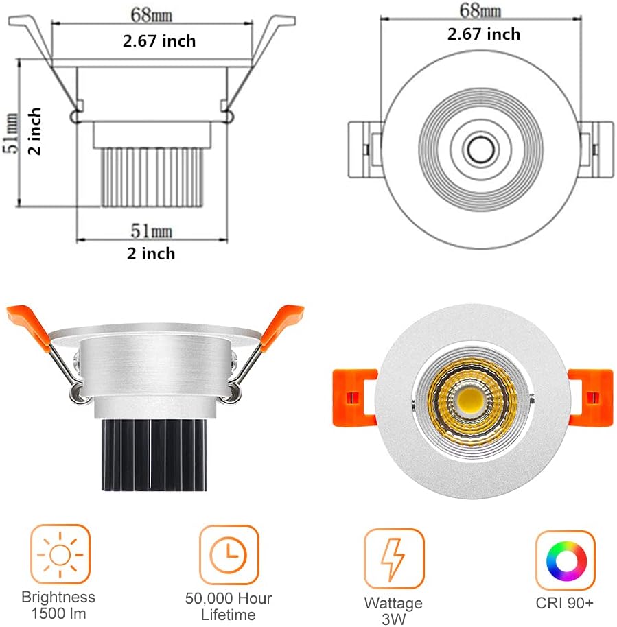 LightingWill 2inch LED Dimmable Downlight, 3W COB Recessed Ceiling Light, Daylight White 5500K-6000K, CRI80, 25W Halogen Bulbs Equivalent, Silver (1 Pack)