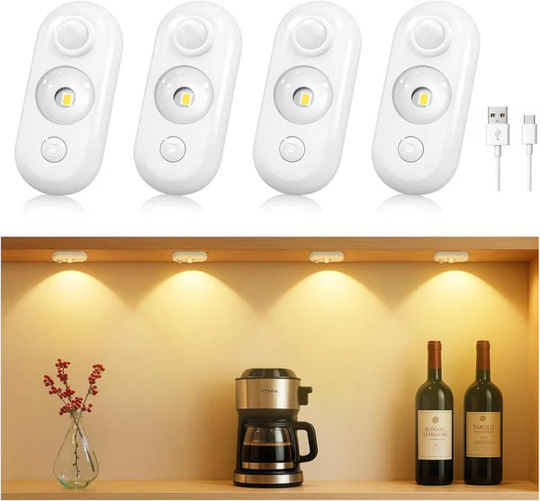 LightingWill Rechargeable Oval LED Closet Light 4/6 Pack, Motion Sensor Tap Switch Dimmable Cabinet Light, Warm / Daylight White, Black / White Finish, Magnetic Mounting for Closets and Cabinets
