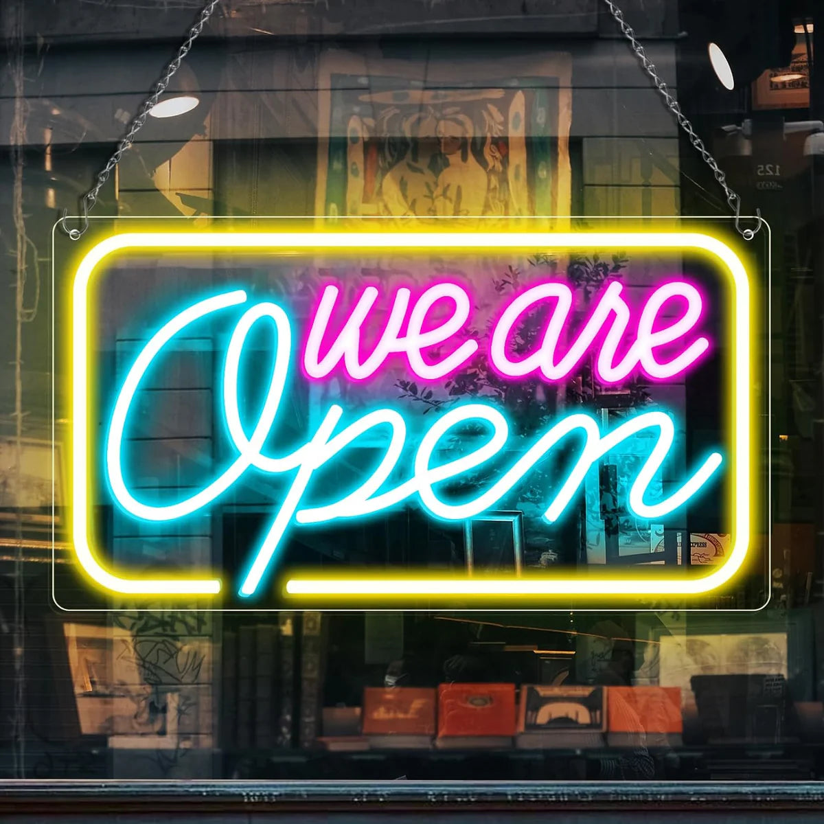 We Are Open Neon Sign – 5 Glow Color Options | 17×9 inch (42×23 cm) | Window Hanging | Plug & Play for Storefronts