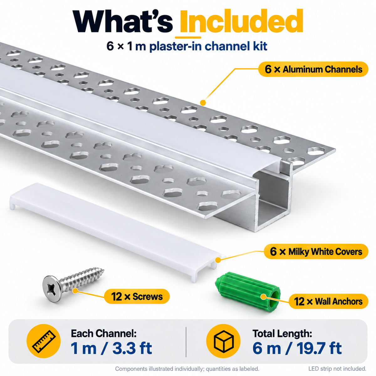 Silver 639 Double-Sided LED Aluminum Channel for Plaster-In Drywall, Fits LED Strips Up to 12mm Wide, with Milky White Diffuser
