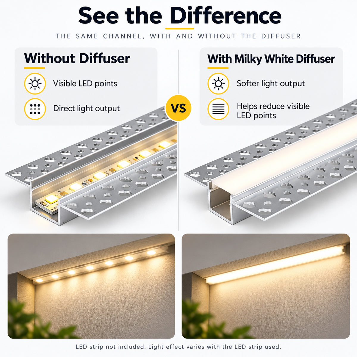 Silver 639 Double-Sided LED Aluminum Channel for Plaster-In Drywall, Fits LED Strips Up to 12mm Wide, with Milky White Diffuser