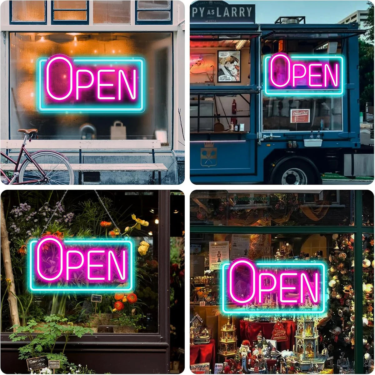 OPEN Neon Sign – 5 Glow Color Options | Big “O” Style | 17×9 inch (42×22 cm) | Window Hanging | Plug & Play for Storefronts