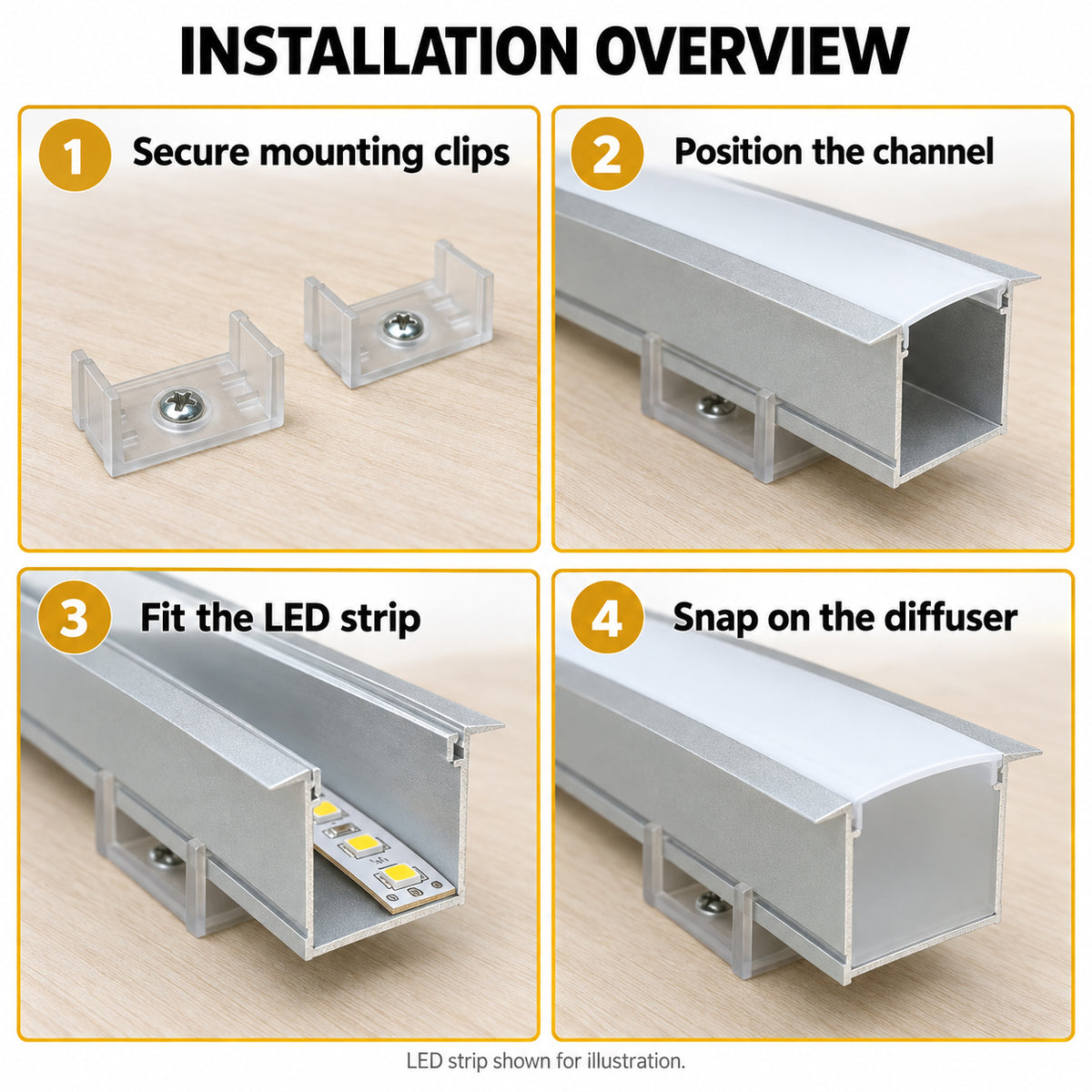 Silber U05 36 x 24 mm U-Form Innenbreite 20 mm LED-Aluminium-Kanalsystem mit Abdeckung, Endkappen und Befestigungsklammern Aluminiumprofil für LED-Lichtstreifen ohne Punktinstallationen