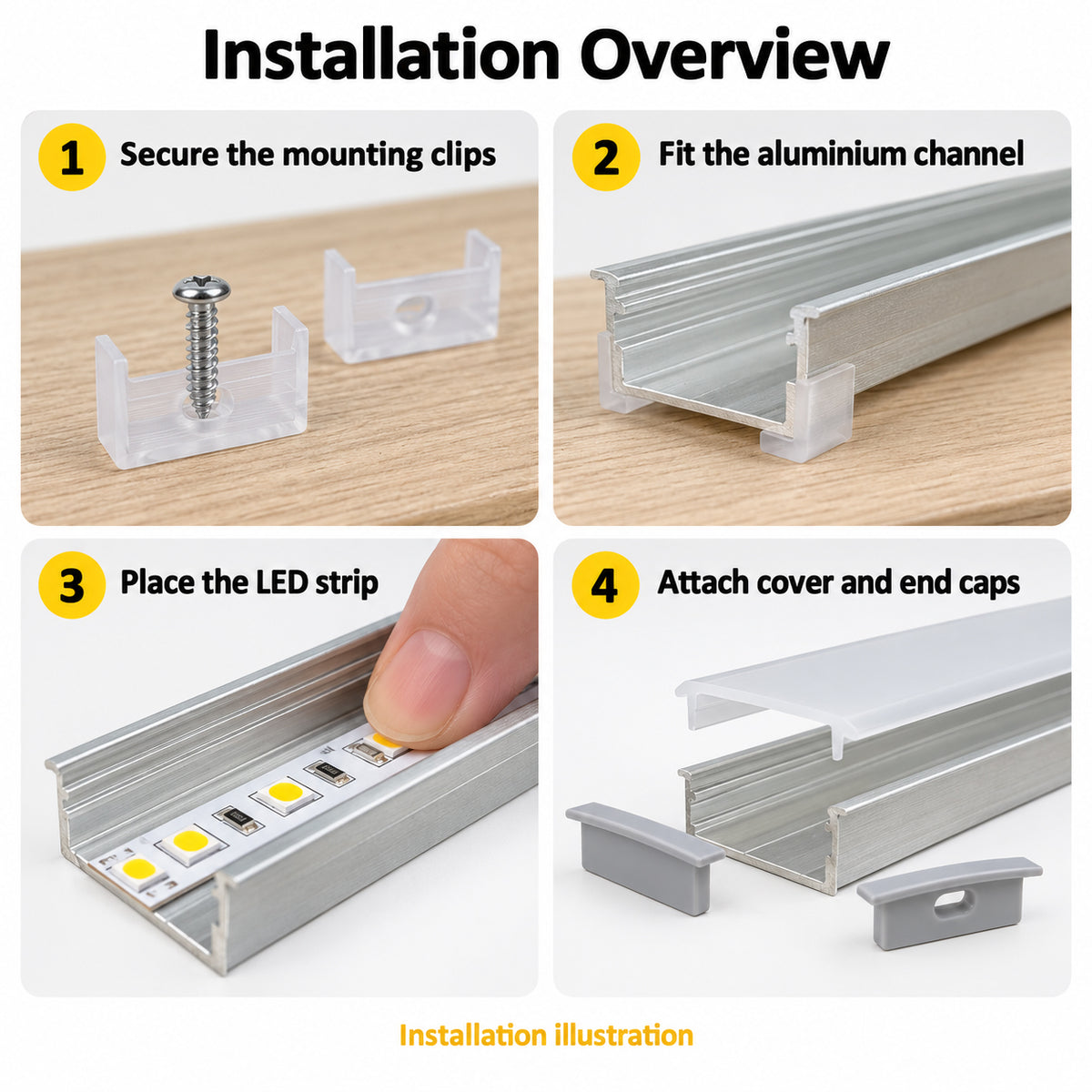 Silver U03 10x30mm U-Shape LED Aluminum Channel, 20mm Inner Width, with Cover, End Caps & Mounting Clips