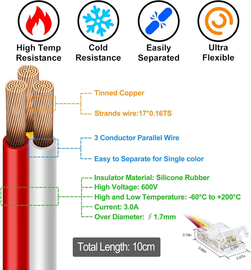 LightingWill LED Strip Connector 10mm 3Pin Transparent Solderless Clips, LED Light Strip Connector Strip to Wire Strip to Strip DC Adapter Connector for RGB IC Strip, Local Stock US UK