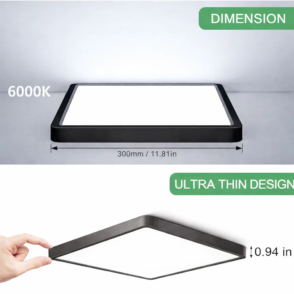 12 Inch 24W White /Black Square Ceiling Light – AC 110–130V | 3000K / 4500K / 5000K / 6500K | Flush Mount Ceiling Light for Modern Home Lighting | 1-Pack – Local Stock (US)