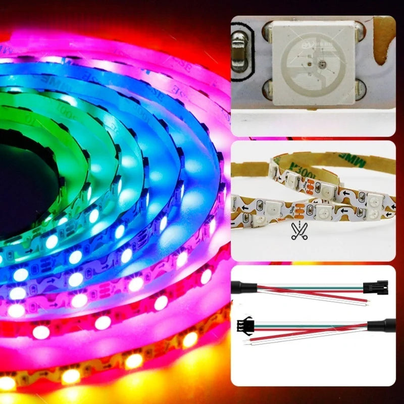 LightingWill S Shape RGBIC LED Strip Light DC5V 12V 6mm PCB Individually Addressable 60 LEDs/m Non Waterproof Flowing LED Strip for Party Decoration DIY Lighting 5M 50M