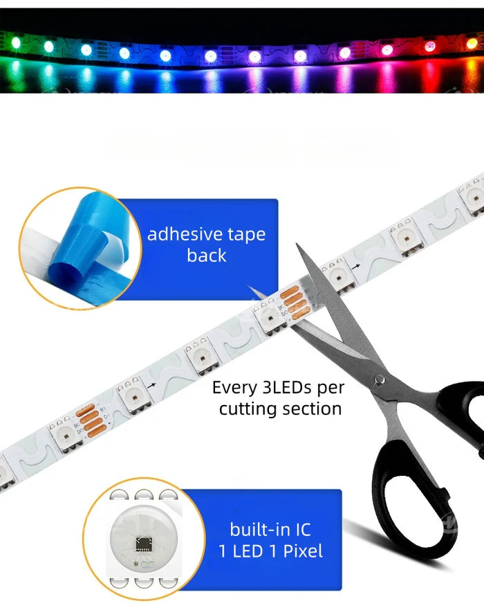 LightingWill WS2815 S Shape RGBIC LED Strip Light DC12V 8mm PCB SMD5050 Individually Addressable 60 LEDs/m Breakpoint Resume Non Waterproof Flowing LED Strip for Party Decoration DIY Lighting 5M 50M