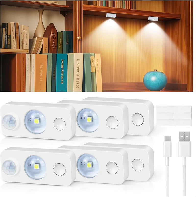 LightingWill Rechargeable LED Puck Closet Light 4/6/8 Pack, Motion Sensor Tap Switch Dimmable Cabinet Light, Warm / Daylight White, Black / White Finish, Easy Mounting for Closets and Cabinets
