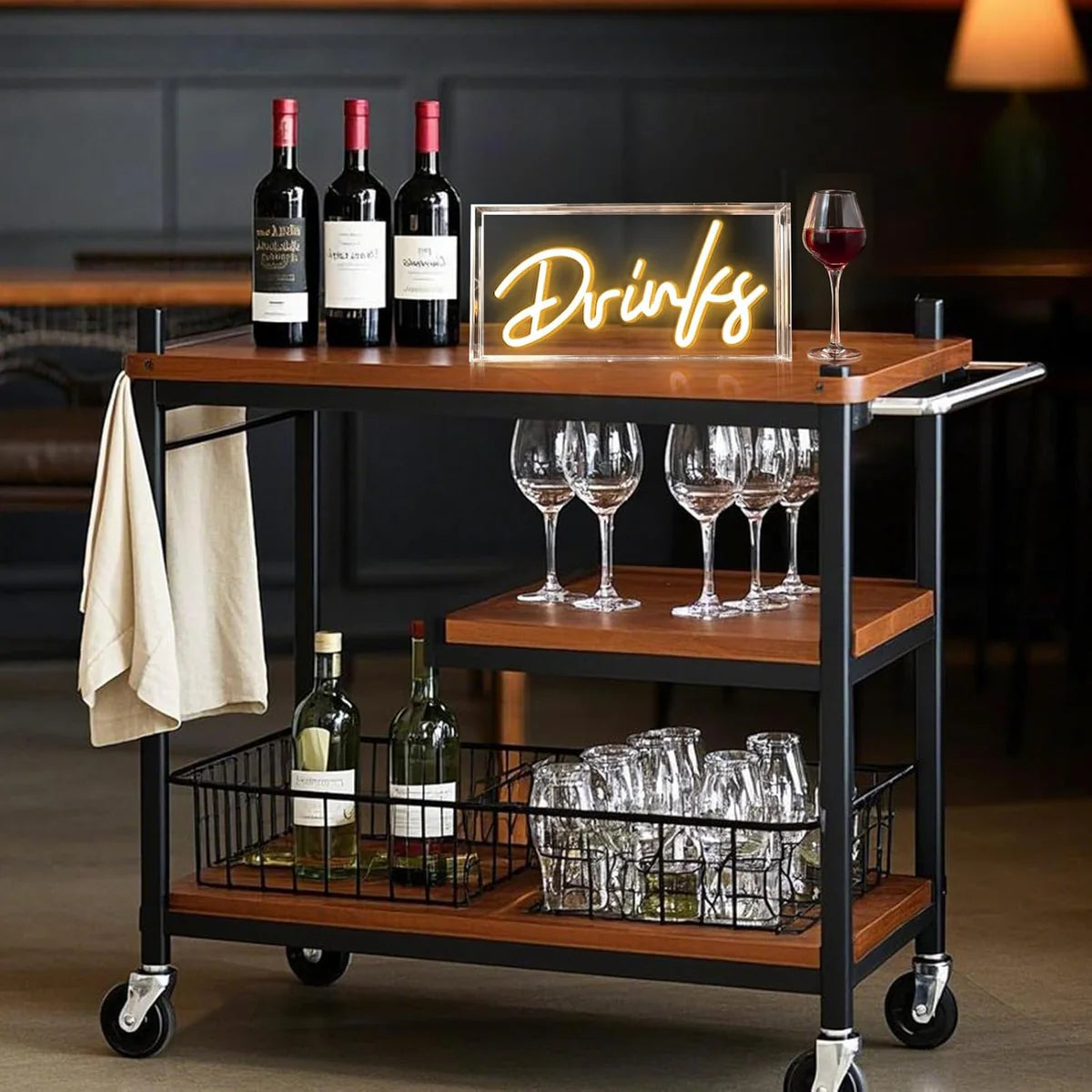 DRINKS Desk Lightbox Sign – Warm White/ Pink | Rectangular 12x6 inch | USB Powered | Tabletop Display | For Table Decor, Home Bar, Kitchen, Club, Pub, Restaurant Wall Decor & Bar Cart Accessories