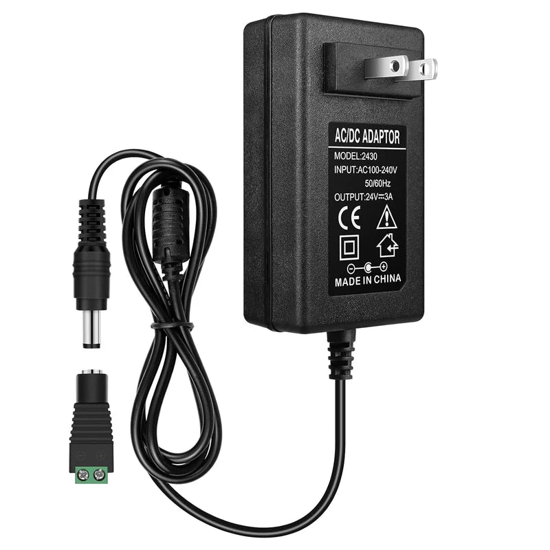 Power Supply Adapter DC 24V 48W–72W, AC 100–240V Switching Transformer LED Driver Wall Plug Charger with US Plug, Black Case for LED Strip Lights and Electronics