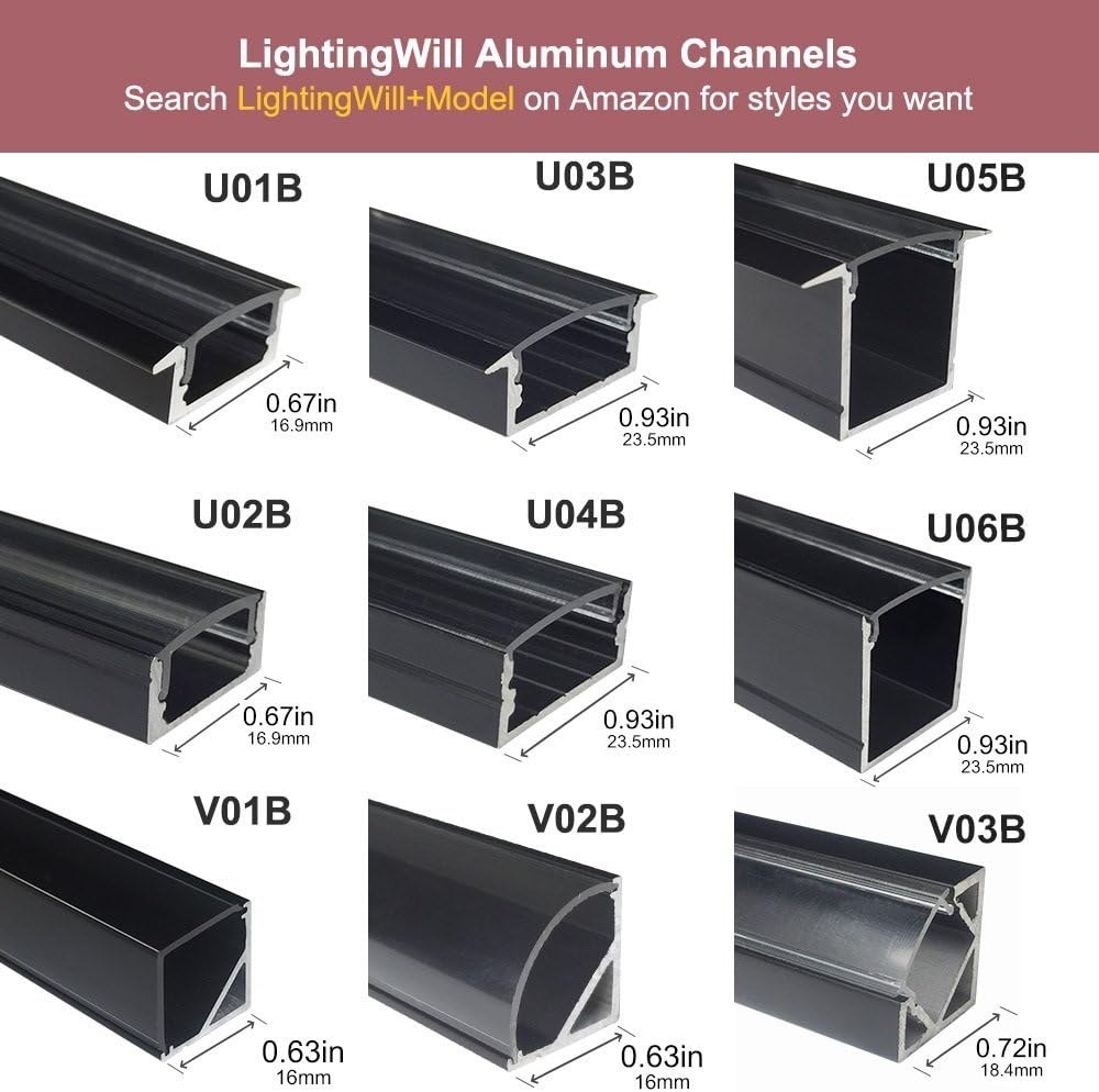 LightingWill 30-Pack U-Shape LED Aluminum Extrusion 6.56ft/2M Anodized Black Channel for <20mm Width SMD3528 5050 LED Strips Installation with Clear Cover, End Caps and Mounting Clips U04B30