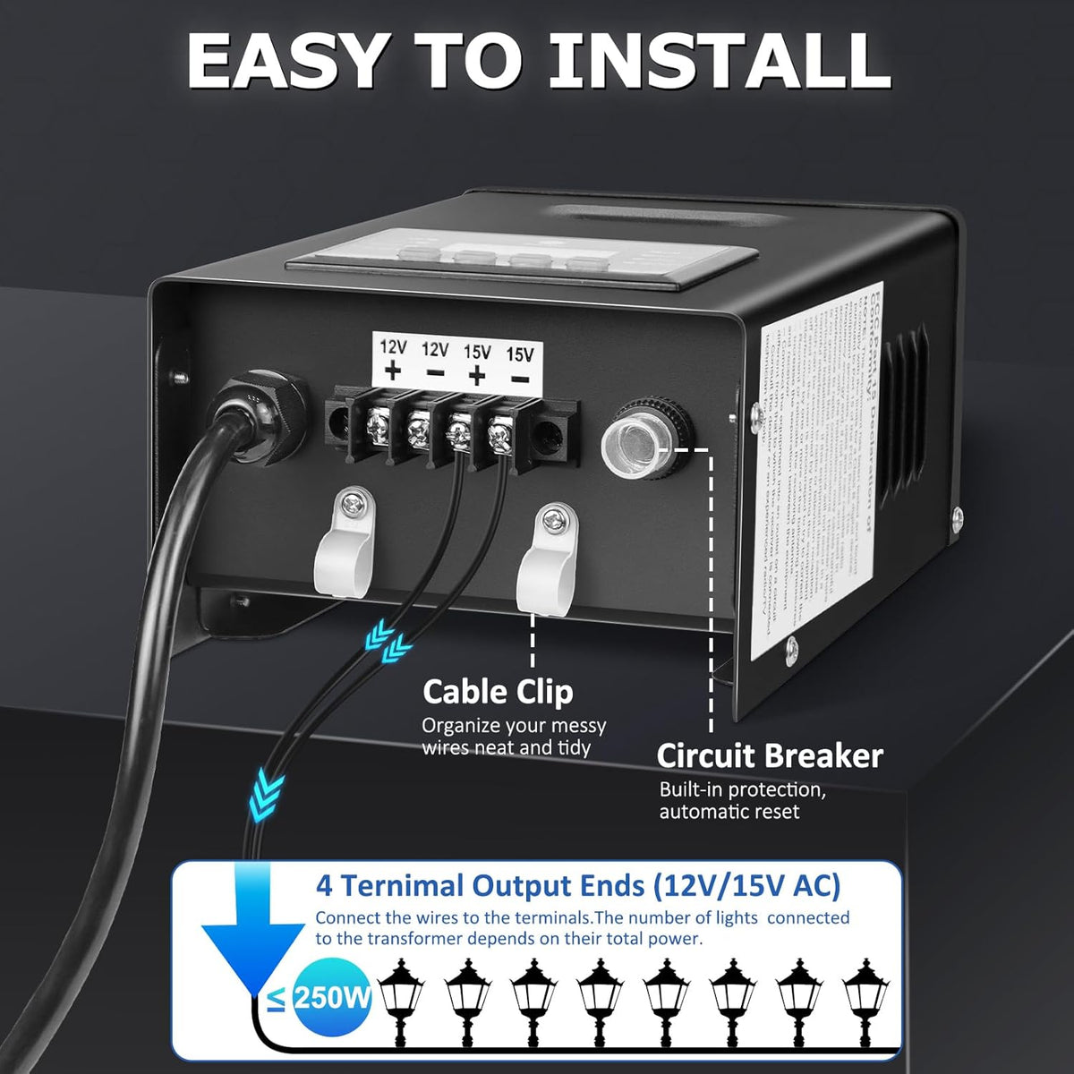 250W Low Voltage Landscape Transformer, 120V AC to 12V/15V(14V) AC Landscape Lighting Transformer with Photocell Sensor & Timer, Weatherproof Outdoor Transformer for Landscape Lighting,Spotlight