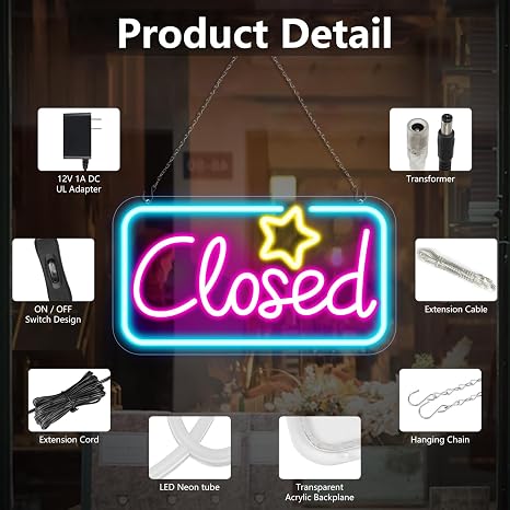 Closed Silicone LED shop signs – Ice Blue & Pink Glow + Yellow Star | 16.5 × 9 inch | Window Hanging | Plug & Play for Store Entrances, Retail Shops & Business Locations