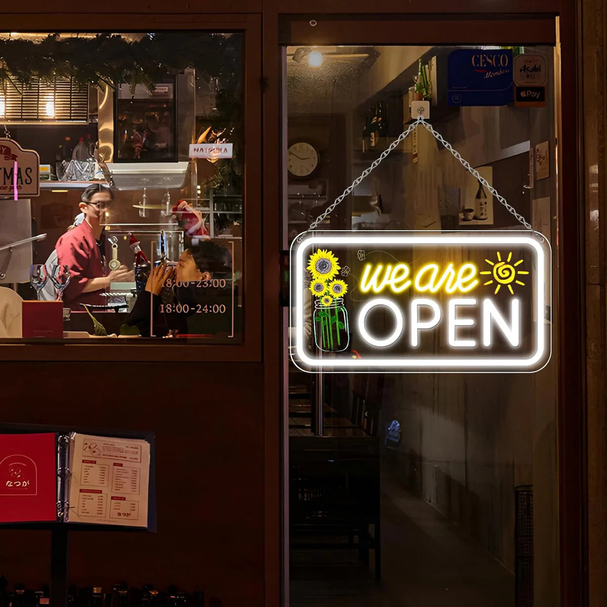 We Are Open Vertical Neon Sign – 17×9 / 23×12 inch | Warm White & White Glow | Window Hanging | Plug & Play for Storefronts