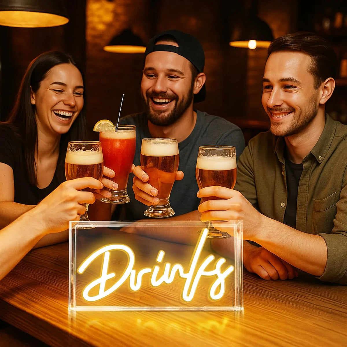 DRINKS Desk Lightbox Sign – Warm White/ Pink | Rectangular 12x6 inch | USB Powered | Tabletop Display | For Table Decor, Home Bar, Kitchen, Club, Pub, Restaurant Wall Decor & Bar Cart Accessories